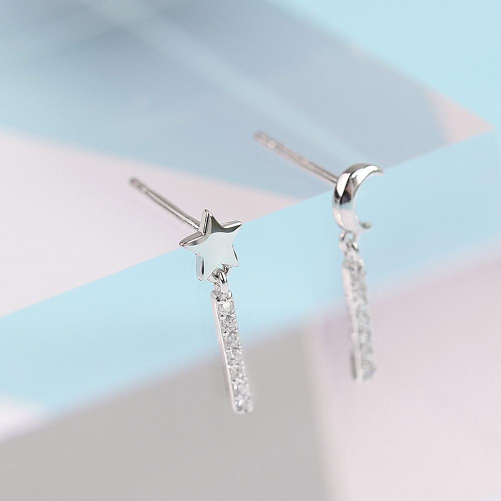 S925 Silver Plated Star Moon Earrings for Women Elegant Small Stud Earrings with Diamond