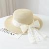 Small fresh lace bow straw woven flat top straw hat women's spring new seaside vacation sunshade beach hat