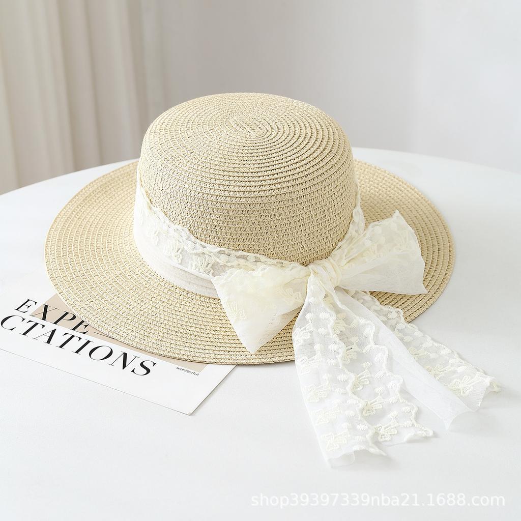 Small fresh lace bow straw woven flat top straw hat women's spring new seaside vacation sunshade beach hat
