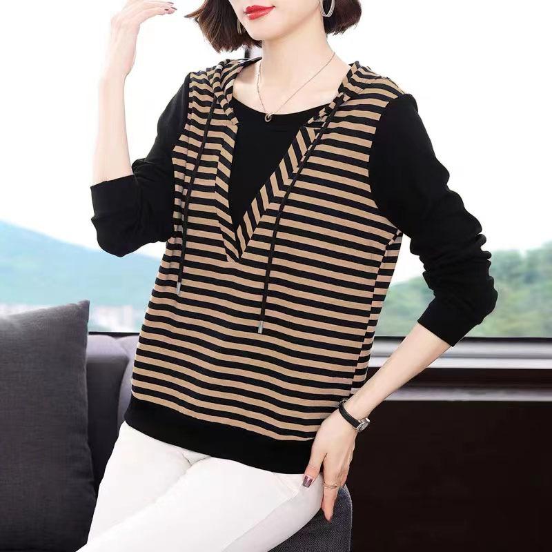 Women's Fashion Casual Spring Autumn Striped Print Long Sleeve Hooded Blouses and Shirts