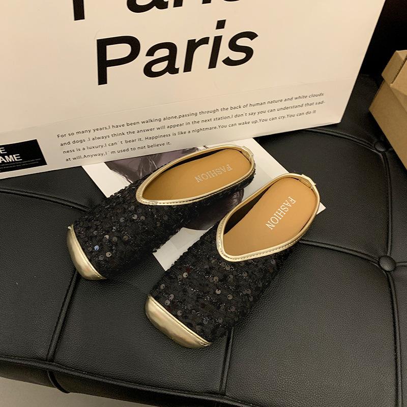 

Блестящая сумка, тапочки-полубосоножки, женская летняя обувь 2025, новые нежные феи, Мэри Джейн, одинарная обувь на плоской подошве, крутые тапочки 40 чёрный