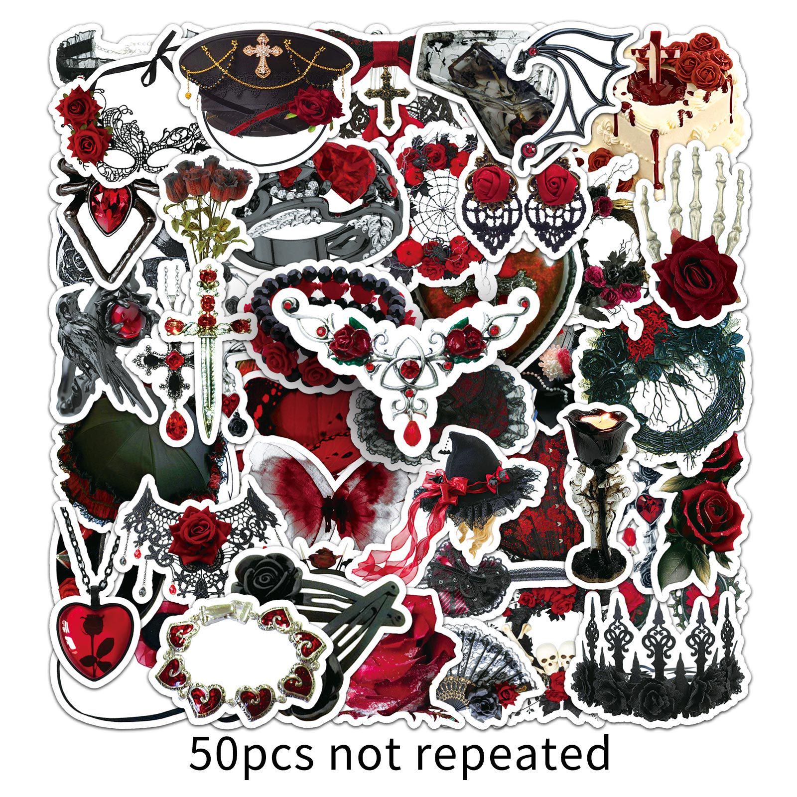 50pcs Rose Gothic Halloween Horror Stickers: Creative Retro Waterproof Journal Decor