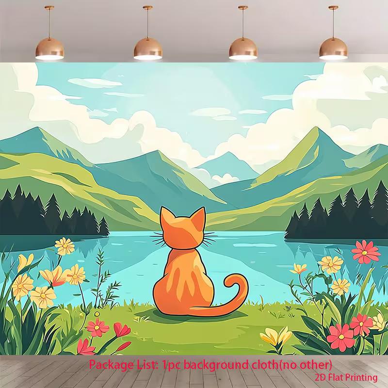 

2D Orange Cat Watching Mountain Lake Tapestry Cartoon Nature Wall Hanging 47.2x31.5inch/120*80cm
