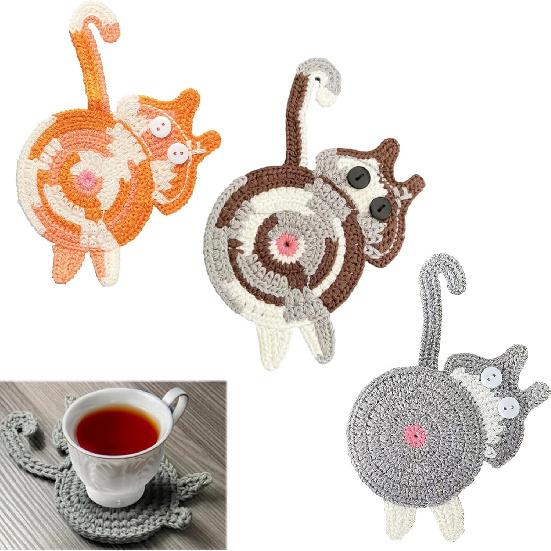 3PCS Cute Cat Coasters - Crochet Cat Gifts for Lovers, Funny Woven Coasters for Coffee & Tea 3PCS