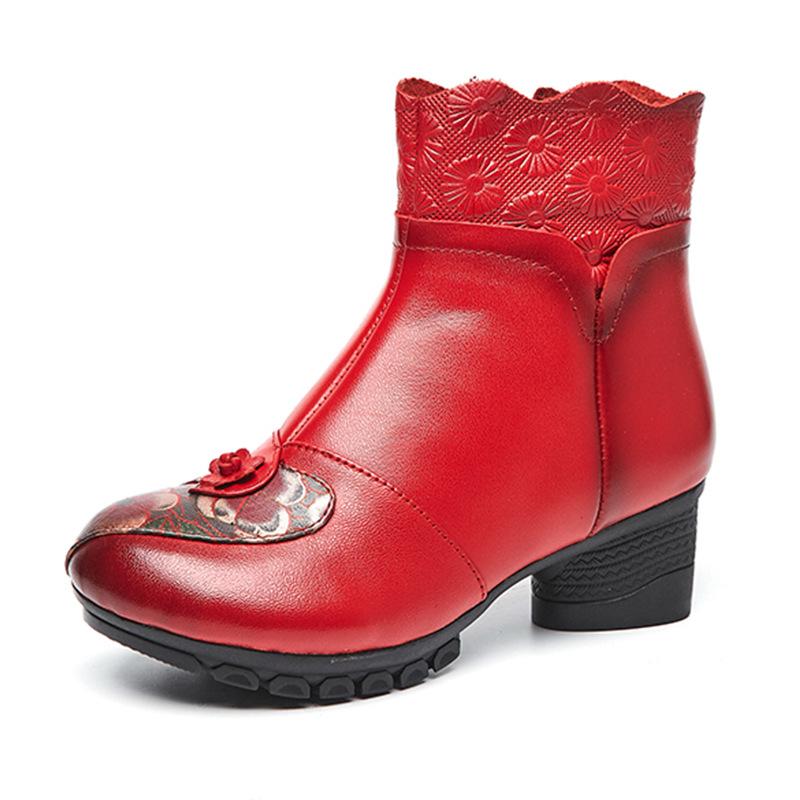 Ethnic Style Fall and Winter Women's Boots Head Layer Cowhide Thick with Soft Bottom Waterproof Boots Round Head Fashion Cotton Shoes