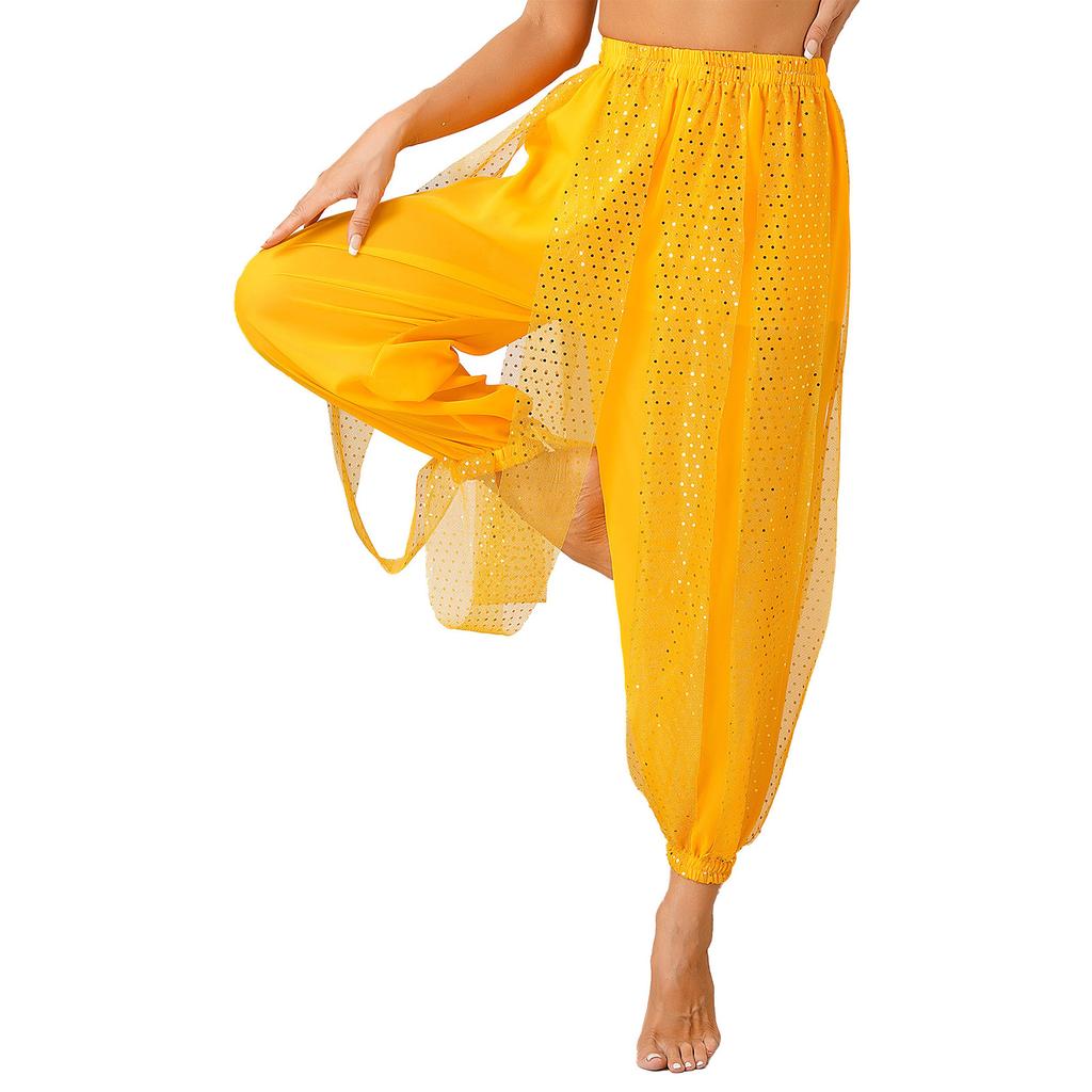 Pantaloncini da Ballo da Donna: Pantaloni in Chiffon a Pois Laccati, Vita Elastica Semitrasparenti per Comoda Danza del Ventre & Costume