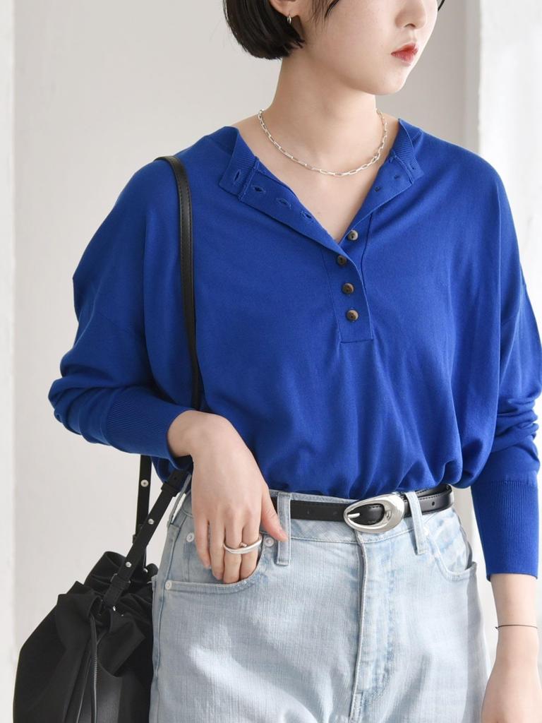 Caranciel Henley Neck Knit Hand One Size Women's Silk-Blend Pullover, Washable, Blue, 616000002,