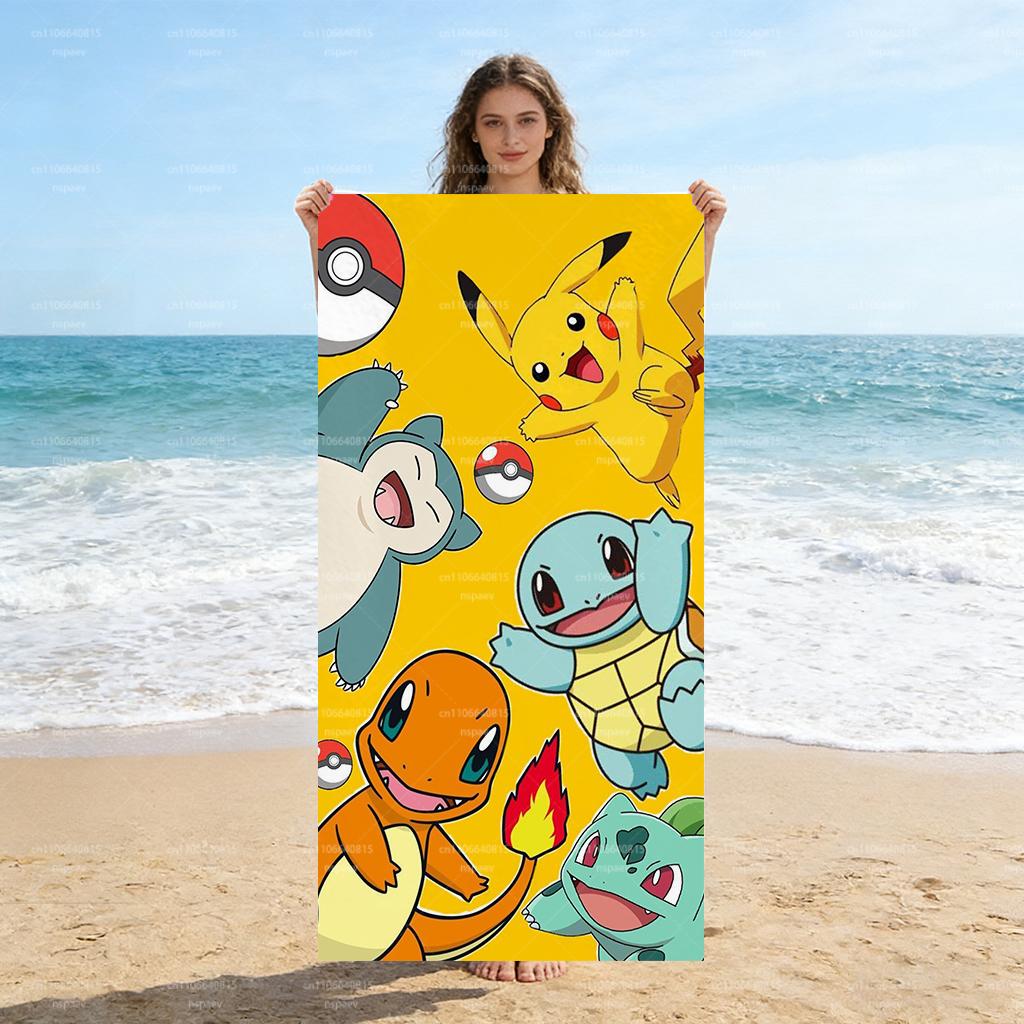 Pokemon Cartoon Beach Towel, Soft Absorbent Quick Dry Bath Towel, Cute Pikachu Charmander Print Swim Towel, Kids Gift, Flat Prin