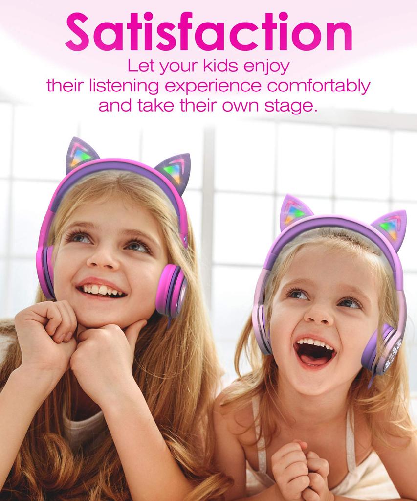 FosPower Kids' Headphones with LED Light-Up Cat Ears, 3.5mm On-Ear Audio, Braided Tangle-Free Cable (85dB) - Hot PinkPurple