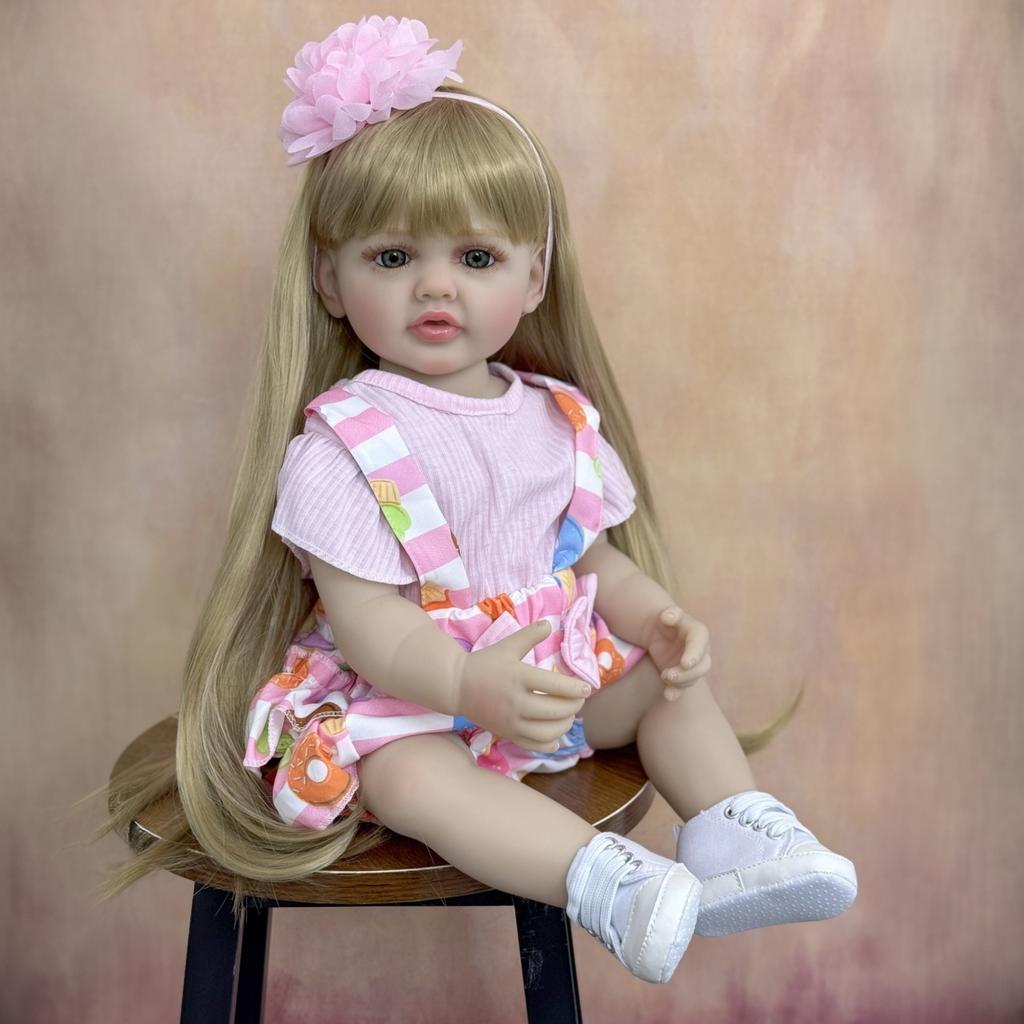 BZDOLL 55cm 22inch Reborn Baby Full Body Soft Vinyl Newborn Bebe Girl With Blonde Long Hair Princess Toddler Toy Lovely Christmas Gift