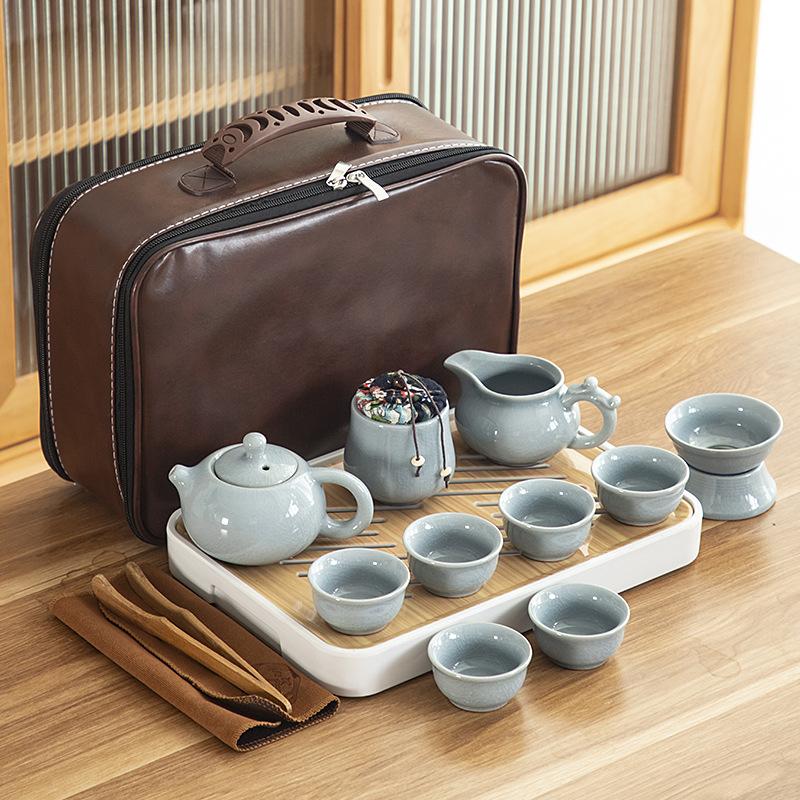 Travel ceramic Kung Fu tea set, tea tray, a full set of portable storage bags, practical business gifts for customers