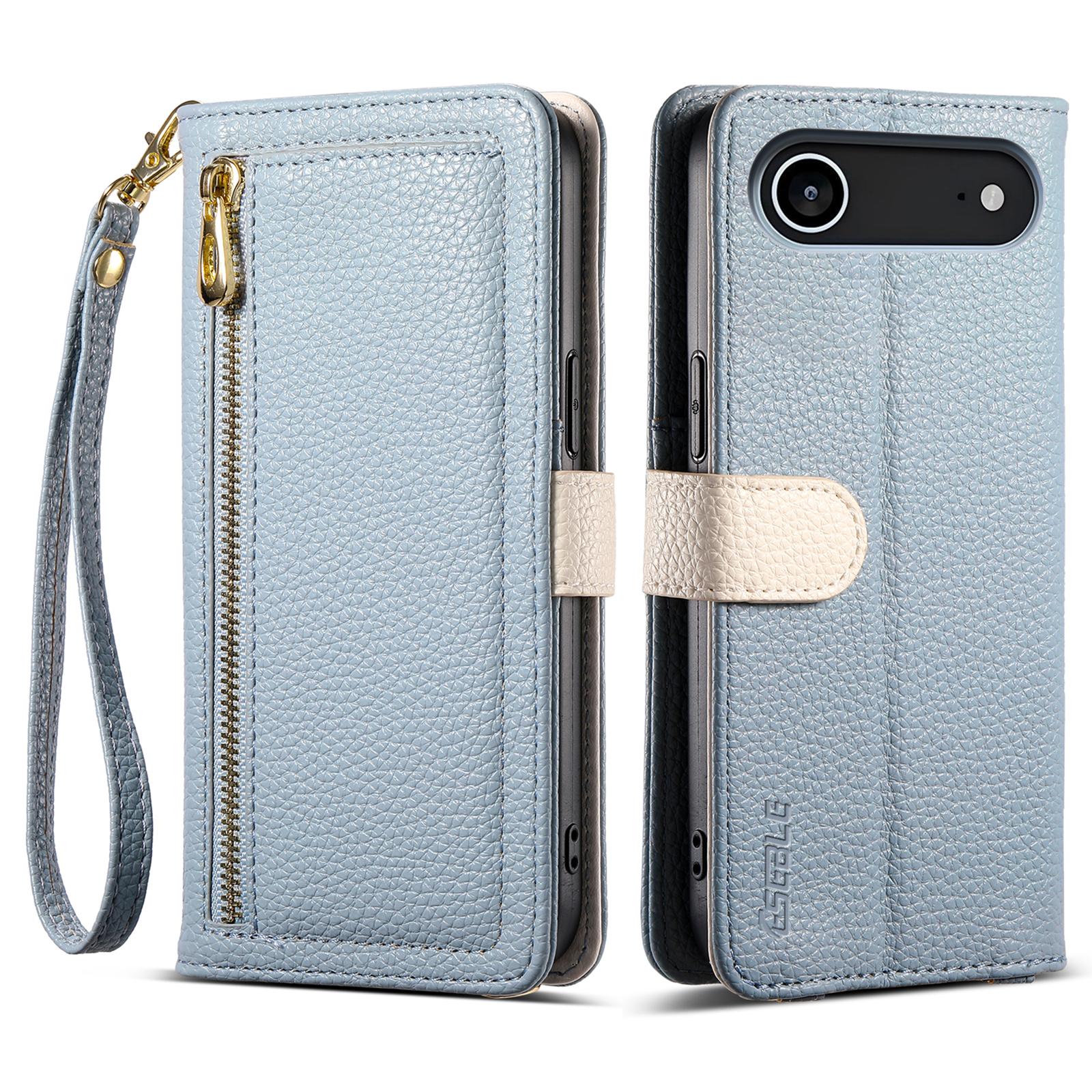 

ESEBLE E11 For iPhone 17 Air Case Zipper Pocket Litchi Texture Leather Phone Cover with Mirror and Wrist Strap Sky Blue