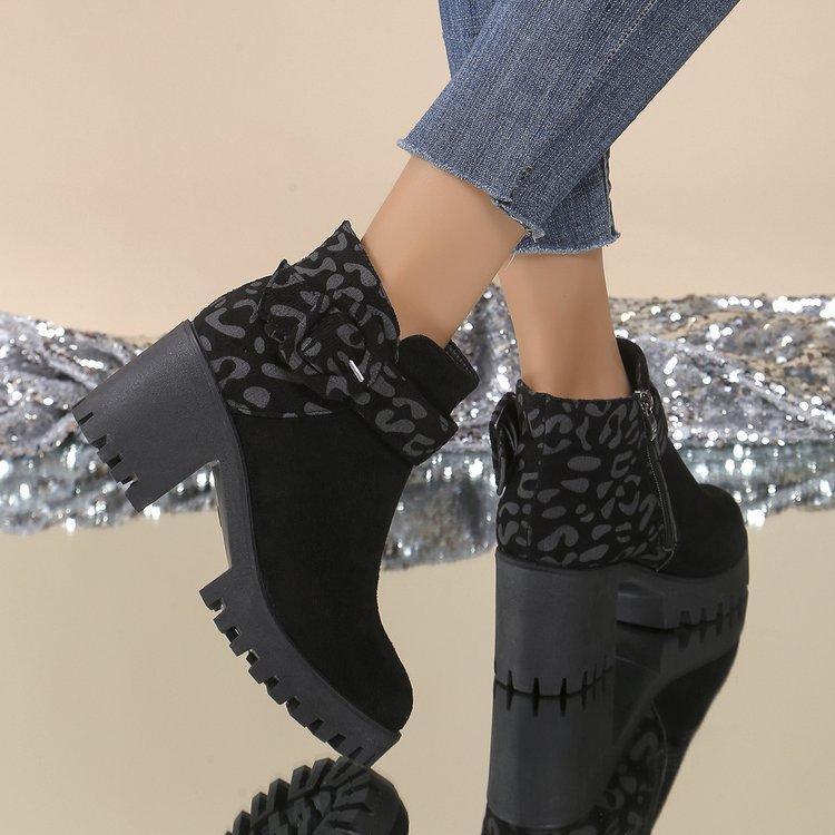 Modische Vielseitige Dicke Hohe Absätze Leopardenmuster Kurze Stiefel Damen Herbst Winter Neu Lässig Bequeme Damen Kurze Stiefel