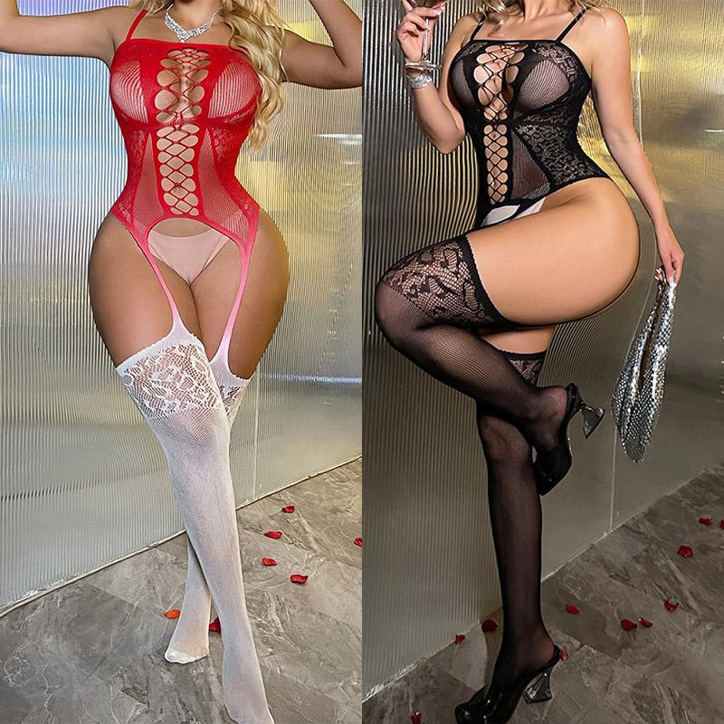 Sexy Open Crotch Fishnet Bodystockings Women Sexy Lingerie Porn Bodycon Garter Underwear Sheer Striper Bodysuits Erotic Game Set