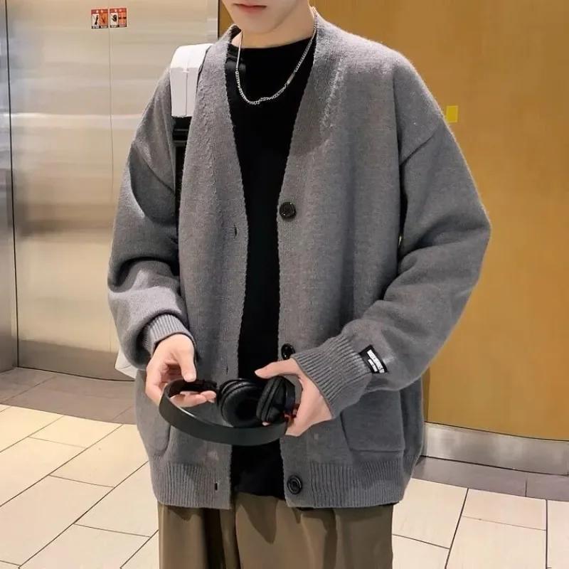 Man Clothes with Pockets Knitted Sweaters for Men Coat Solid Color Plain Jacket Cardigan Icon V Neck Overfit Ugly Korean Fashion