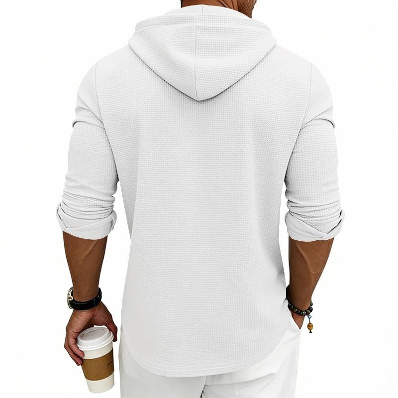 Erkek S Waffle Örgü Kapüşonlu Uzun Kollu Henley Gömlek Günlük Sweatshirt