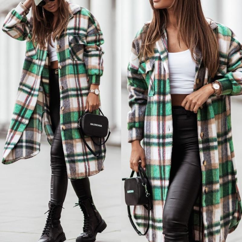 RUGOD Coat Women's Fashionable Loose Autumn and Winter New Design Plaid Stitching Pockets Long-sleeved Mid-length Cardigan