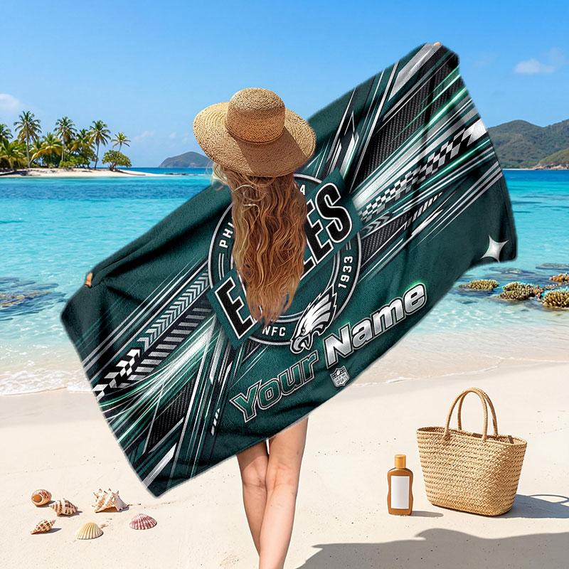 Philadelphia Eagles Customized Name Text Beach Towel, Soft Absorbent Towel Beach Pool Travel Personal Gift