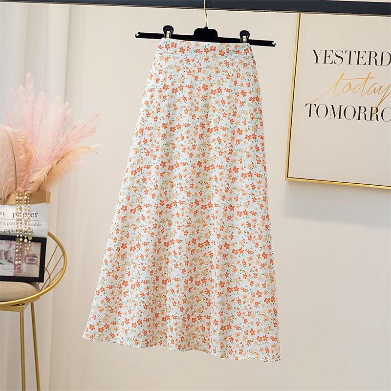 Falda Midi Floral para Mujer en Verano Falda de Cintura Alta en Forma de A Moda Falda de Gasa Versátil