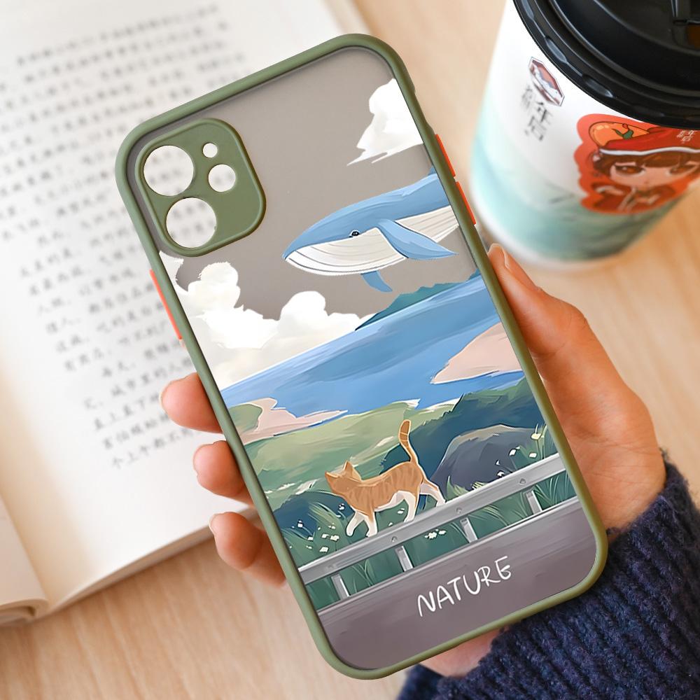 Cartoon Landscape Scenery Phone Case For iPhone 15 14 12 11 13 Pro XS Max 13Mini XR X 8 14Plus SE3 Matte Hard Cover Shell Fundas