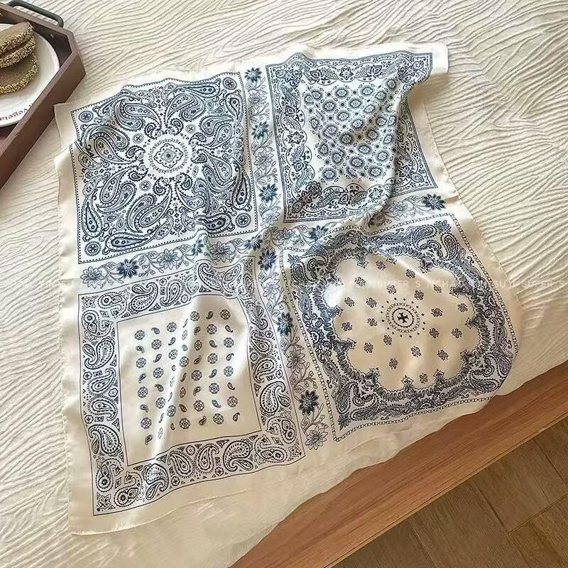 70x70cm Lightweight Cotton Silk Square Scarf With Boho Floral Print Breathable Neck Wrap Women