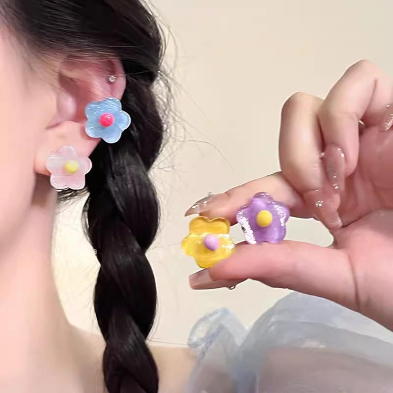 Korean Fashion Colorful Flower Clip Earrings for Women Sweet Ear Cuffs Temperament Summer Jewelry Gift Y2K Accessories Party