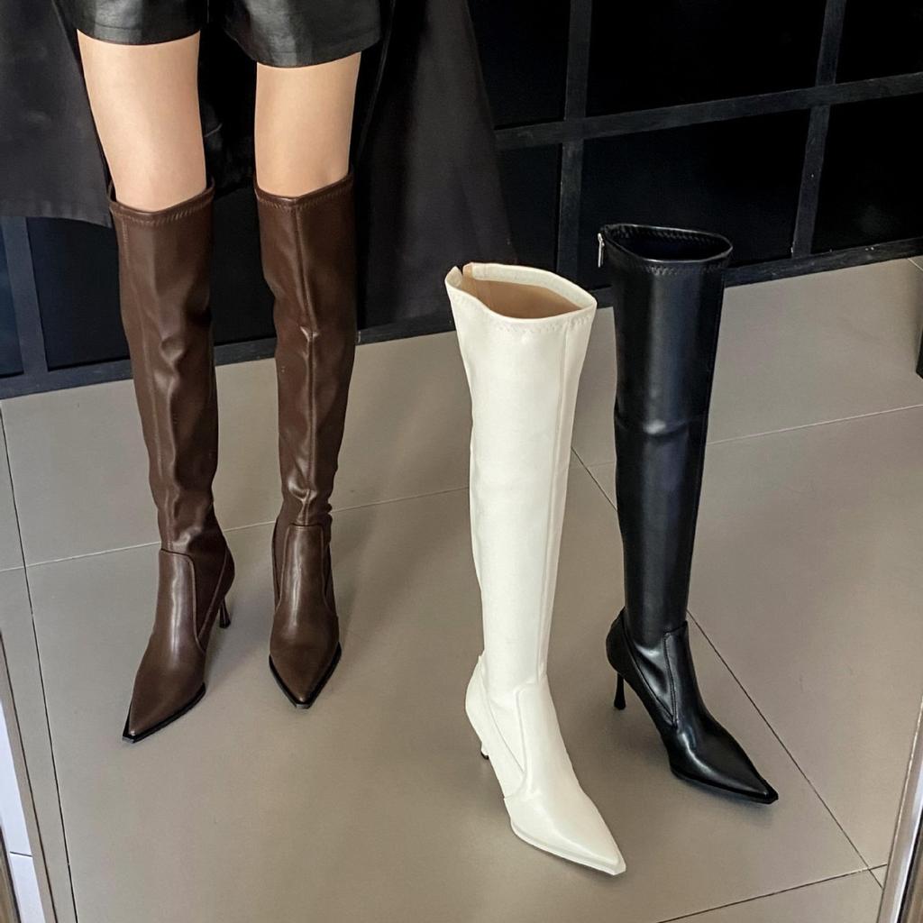 Over-knee boots women's 2025 autumn and winter new pointed thin heel Korean version versatile high heel elastic thin boots white boots