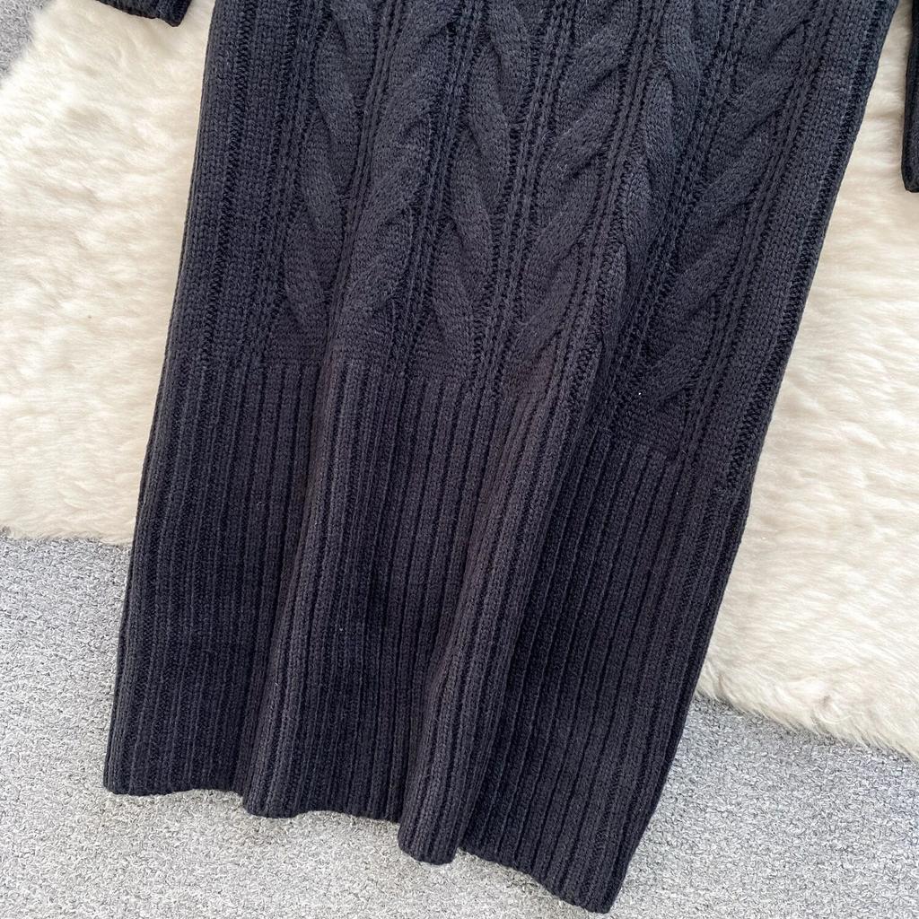 Pull mi-long pour femme, jupe de Base, rétro, fleur torsadée, coupe cintrée, tempérament, col en v, manches longues, robe tricotée, hiver