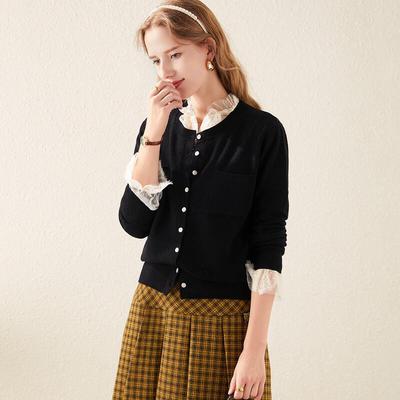 TUHUANG Women's Pure Wool Round Neck Cardigan Sweater