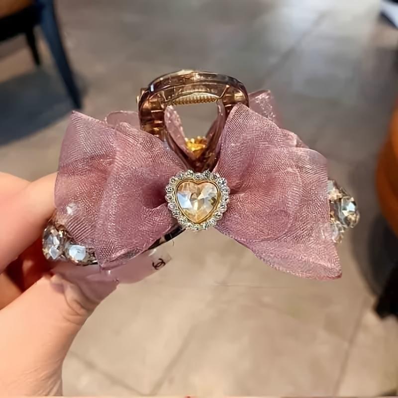 

[Shark Clip Headdress] New Double Layer Gauze Bow Love Heart Rhinestone Hair Clip FS29