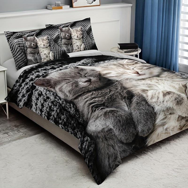 Cute Sleeping Cat Couple Bedding Set 3D Print Duvet Cover Pillowcase Breathable Wrinkle-Free For Kids Bedroom Decor