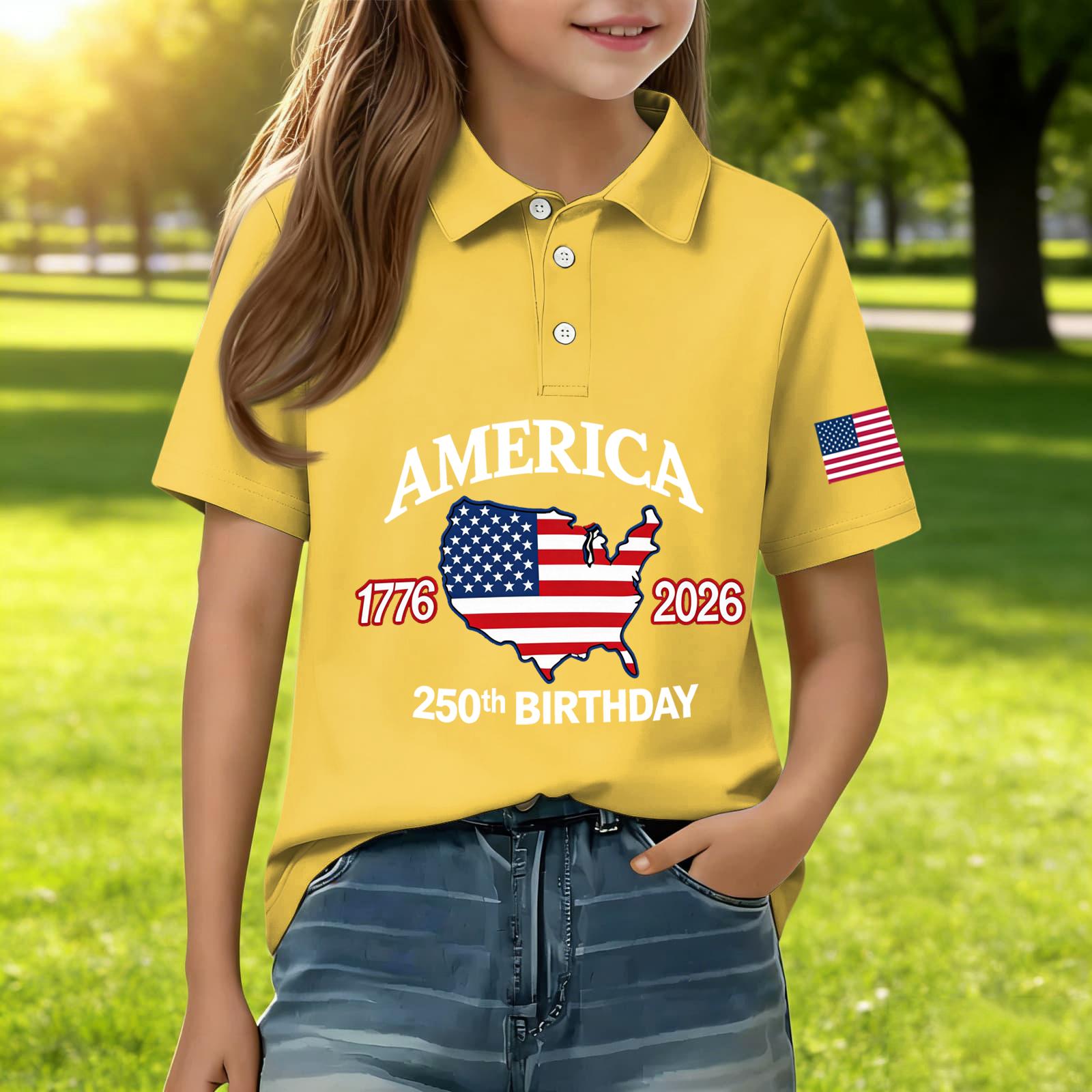 

Kids Polo Shirt Short Sleeve Casual Top Independence Day Print T-Shirt Boys Girls Summer Tee Shirt 140