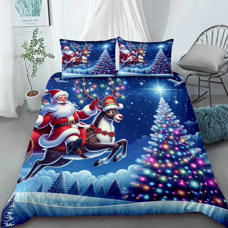 Cartoon Santa Claus Duvet Cover Elk Christmas Bedding Set With Zipper 1 Duvet Cover 2 Pillow Case Queen King Bedroom Decor