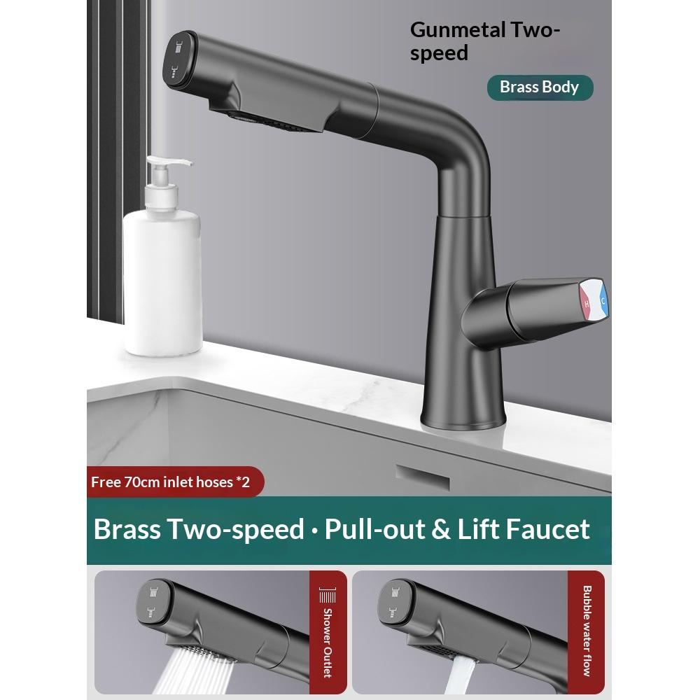 Premium Brass Pull-Out Basin Faucet Liftable Rotatable Spout Mixer Tap With Dual Spray Options Cold Water Control