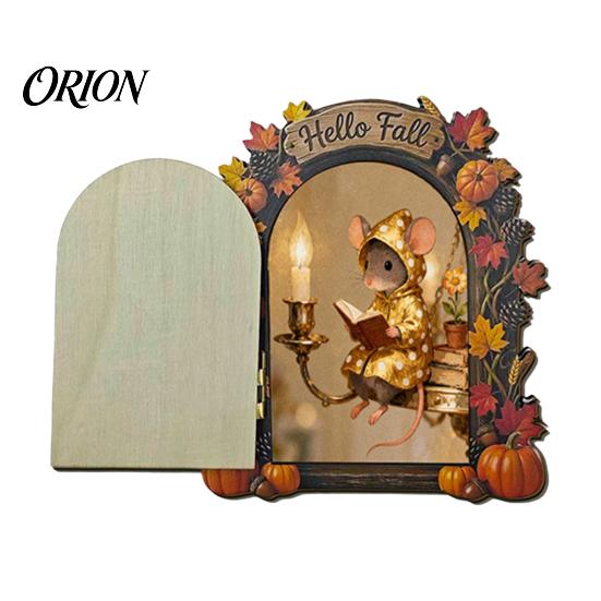 Autumn Theme Fairy Tale Ornaments Elf Wooden Door Halloween Decor, 2D Mouse Miniature Wall Waterproof Fall Home Decorations Hanging, Rustic