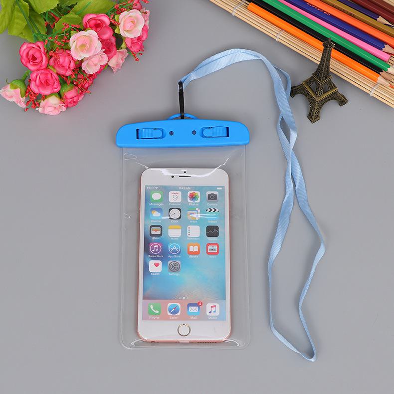 Transparent waterproof phone bag with classic style, touch screen access, neck strap for hot spring use.