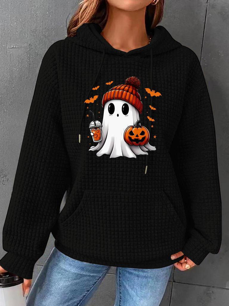 Women's Autumn/Winter Waffle Hooded Halloween Print Sweatshirt - Loose Fit, Long Sleeve, European Size