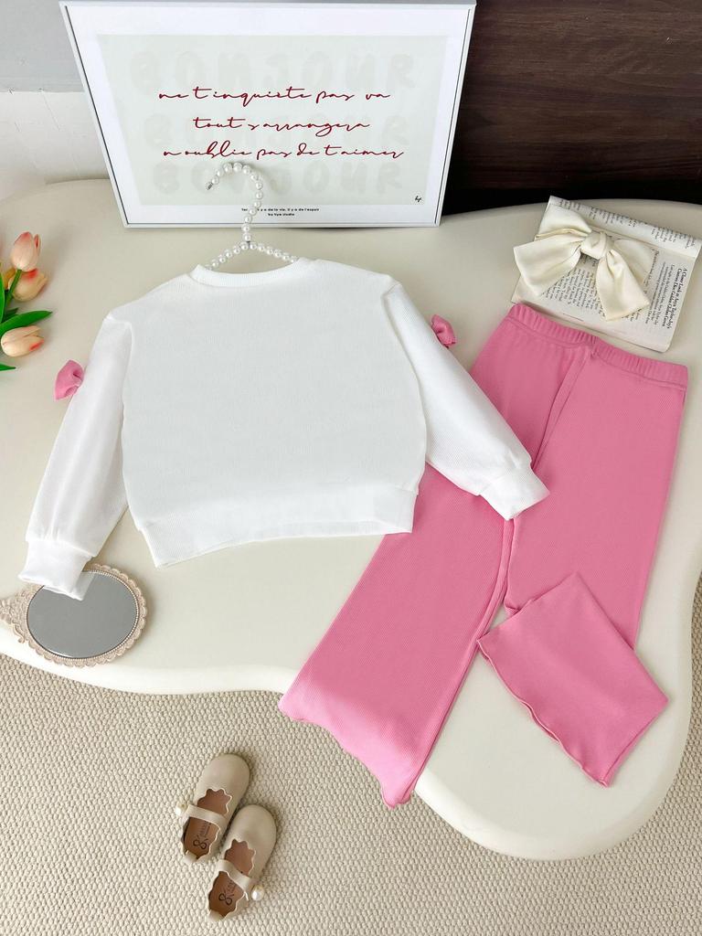 Spring & Autumn Girls' Two-Piece Outfit: Bow Long Sleeve Top + Bell Bottom Pants