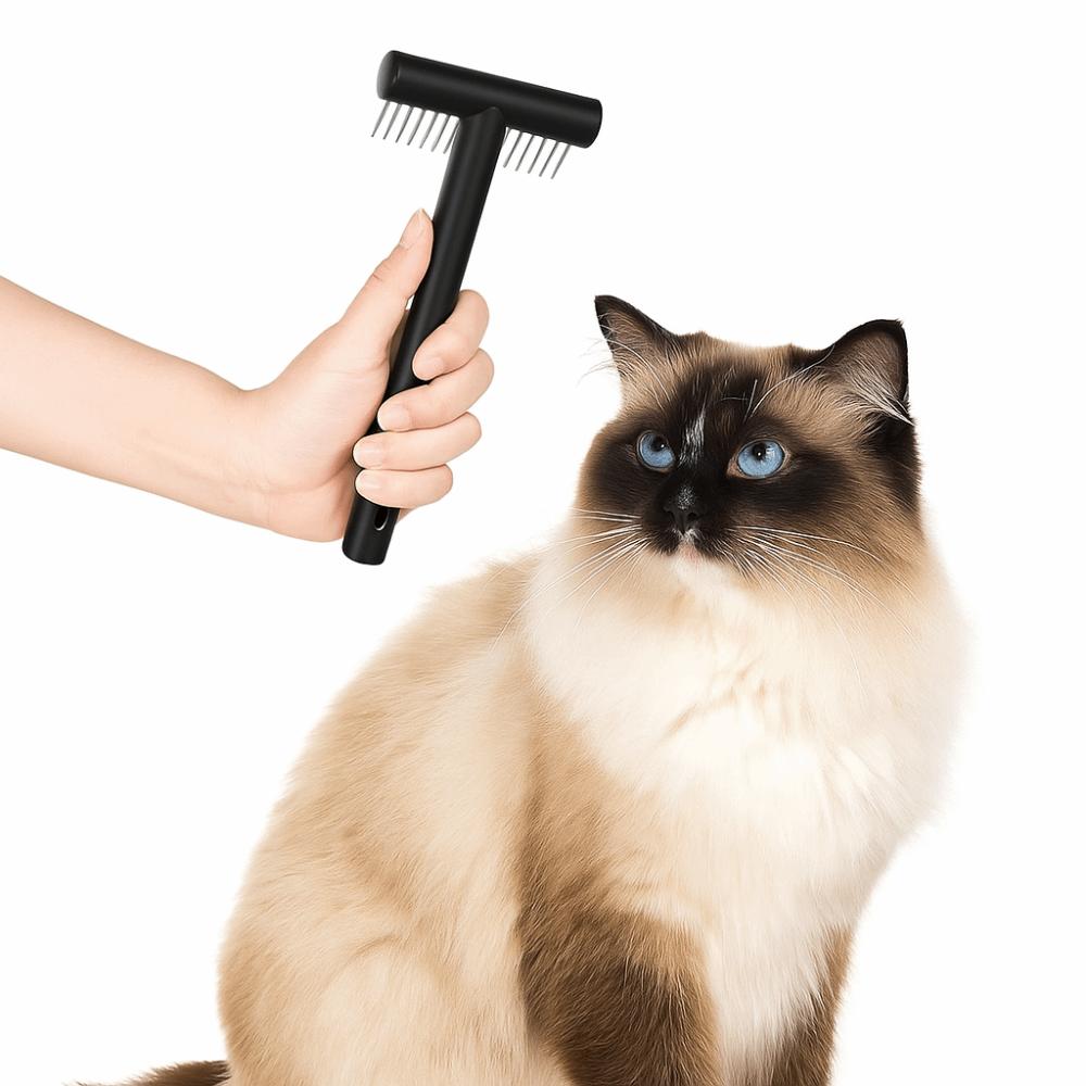 Stainless Steel Dog Detangling Comb Double-sided Tooth Pitch T-type Shedding Cat Brush Portable Deshedding Grooming Tool