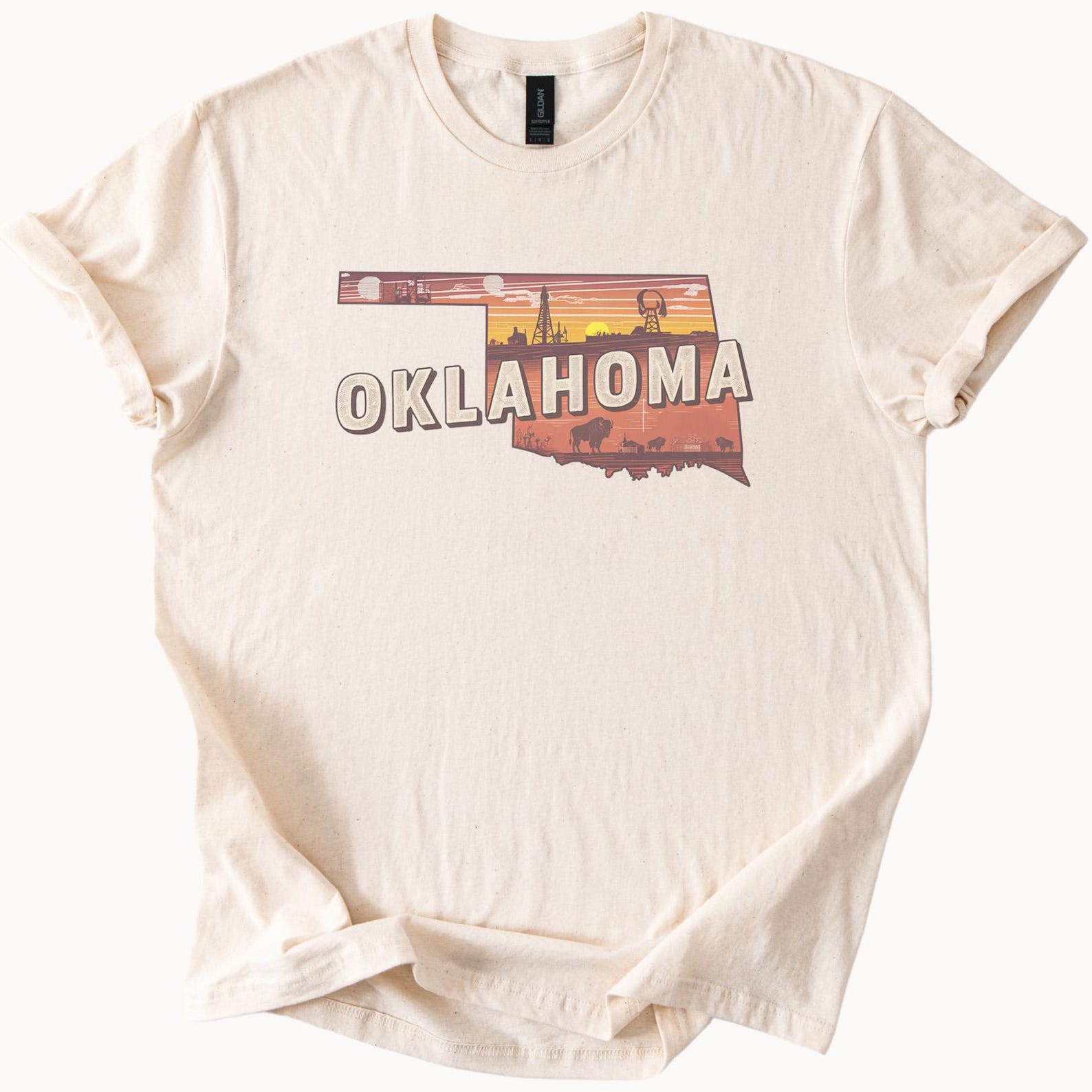 Oklahoma State Outline Graphic T Shirt Sunset Skyline Oil Rig Buffalo Western Nature Scene Oklahoma Souvenir Shirt Gift for Oklahoma Lover 100