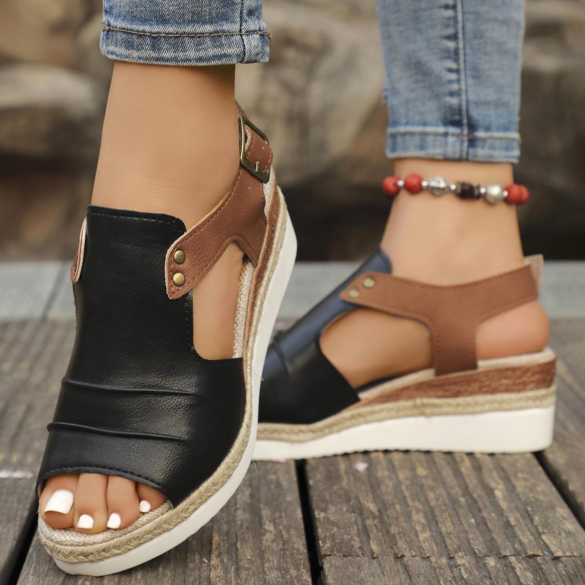 

Plus Size Wedge Heel Peep Toe Sandals - Women s Summer Buckle Beach Slippers 39 чорний