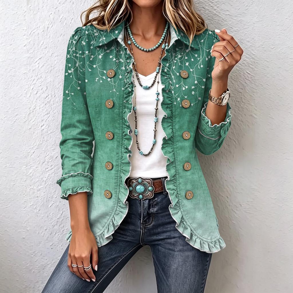 Women's Floral Print Cardigan, Long Sleeve Ruffle Open Front Top, Casual Outerwear for Spring and Fall