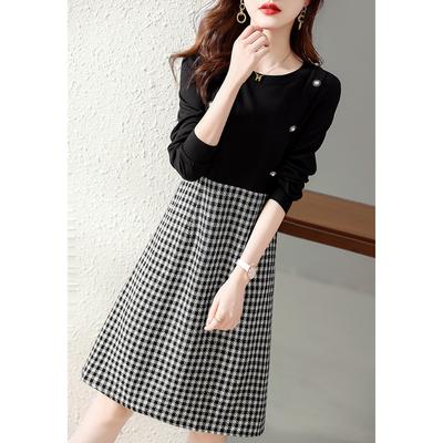 New Autumn Casual Skirt Long-sleeved Loose Korean Version Splicing Plaid Dress Women's