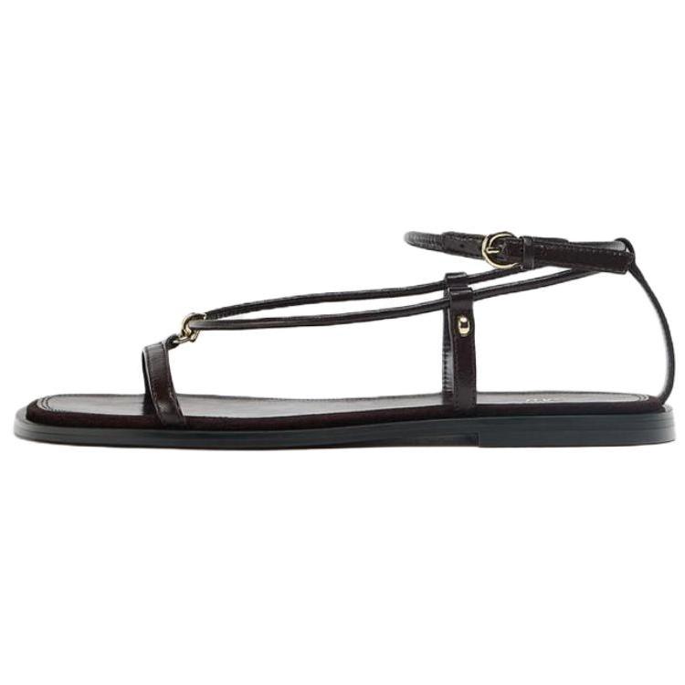 Zara Sheepskin Leather Open-Toe Vintage Strap Sandals 1Cm Women Sandals Brown 1611610700