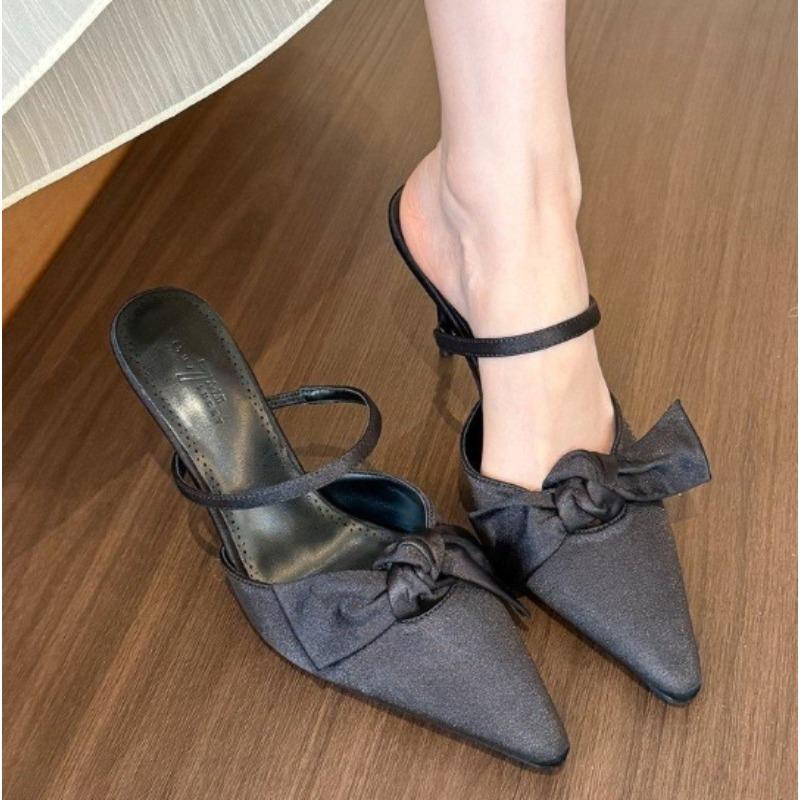 Fashion New Female Pointed Toe Ladies Low Heel Pumps Shoes Slip on Footwear Shallow Fashion Butterfly-Knot Women Thin Heels Shoes Slides