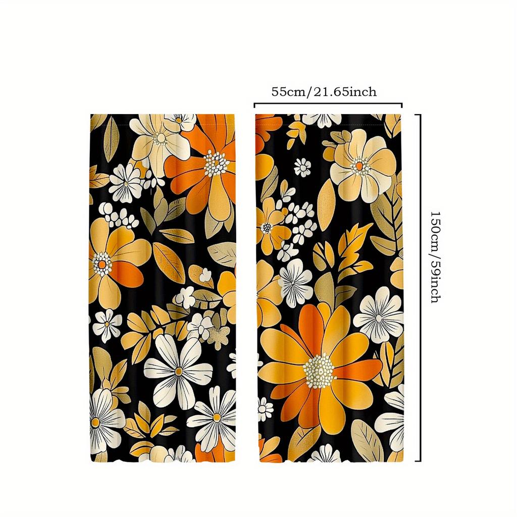 2Pcs Groovy 70S Boho Floral Blackout Curtains, Traditional Orange Flower Design, Semi-Sheer Polyester Rod Pocket Drapes For Livi