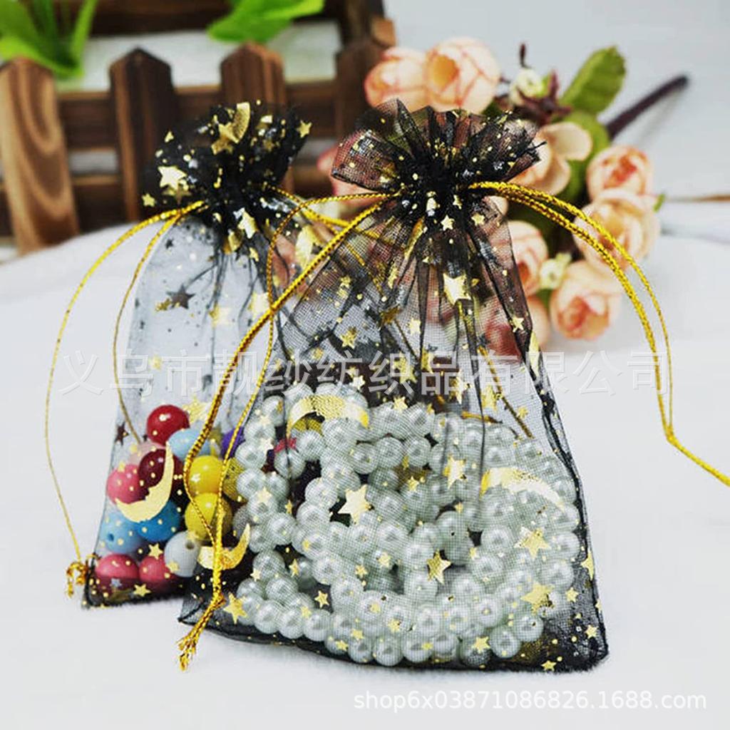 Organza Drawstring Gift Bags Star and Moon Gold Print Mesh Pouches for Jewelry Candy Favors