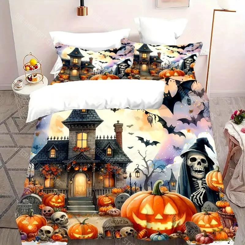 Halloween Quilt Cover Set Halloween Theme Comfortable Bedding Set Digital Print Plaid Pattern Cute Ghost Pumpkin One Quilt Cover