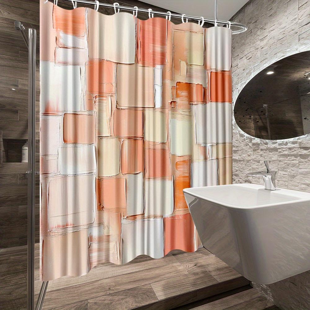 1Pc Abstract Textured Blocks Pattern Shower Curtain - Modern Geometric Design In Peach, Beige, White & Light Blue, Durable Polye