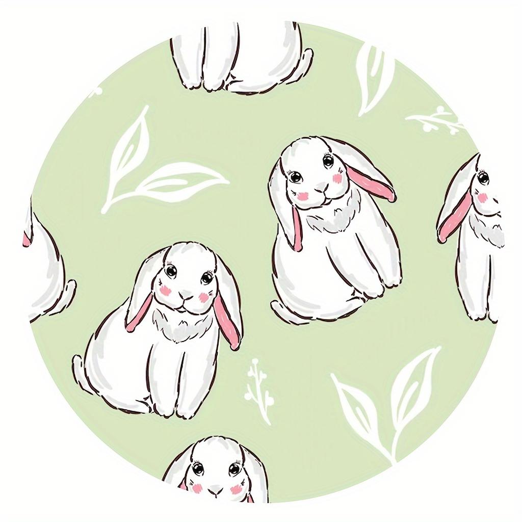 Crystal velvet carpet2D Flat Print, not 3D, 1pc Cute Bunny Pattern Round Mat- Soft, Non-Slip, Washable Flannel Mat with Mint Gre